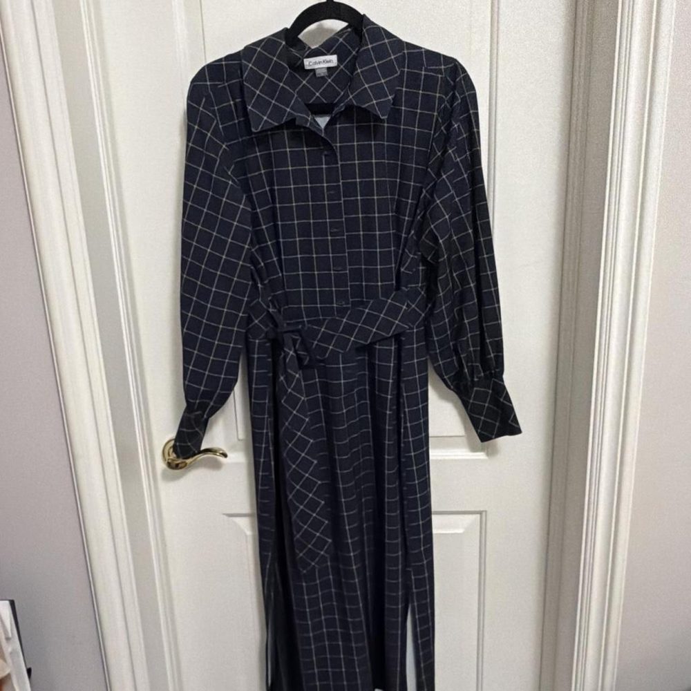 Calvin Klein blue and white plaid midi dress with belt #plaid #midi #dresses #ca